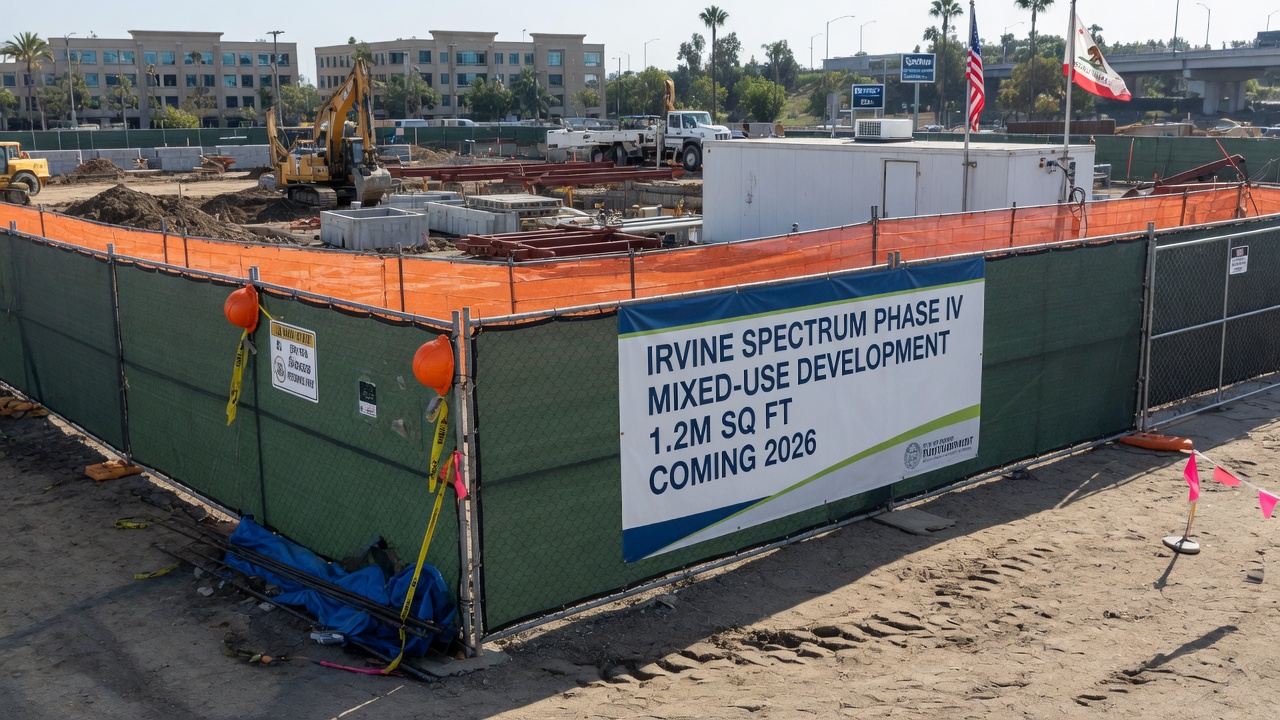 Construction site project banner on an Irvine jobsite fence