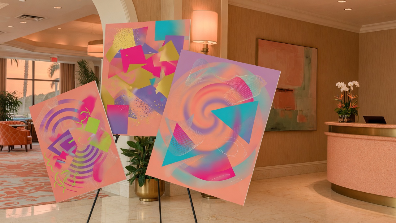 Foam-board mounted posters in an Orange County hotel foyer