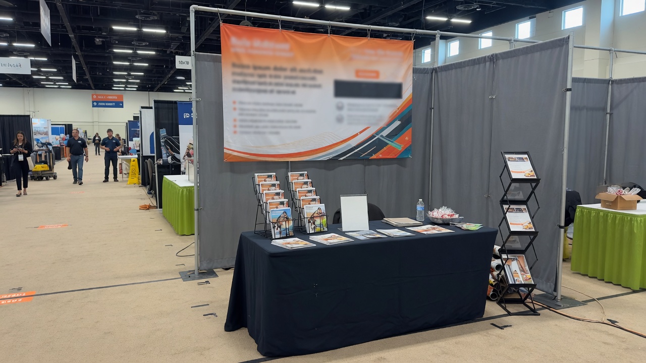 Orange County trade show booth with table throw and hanging banner